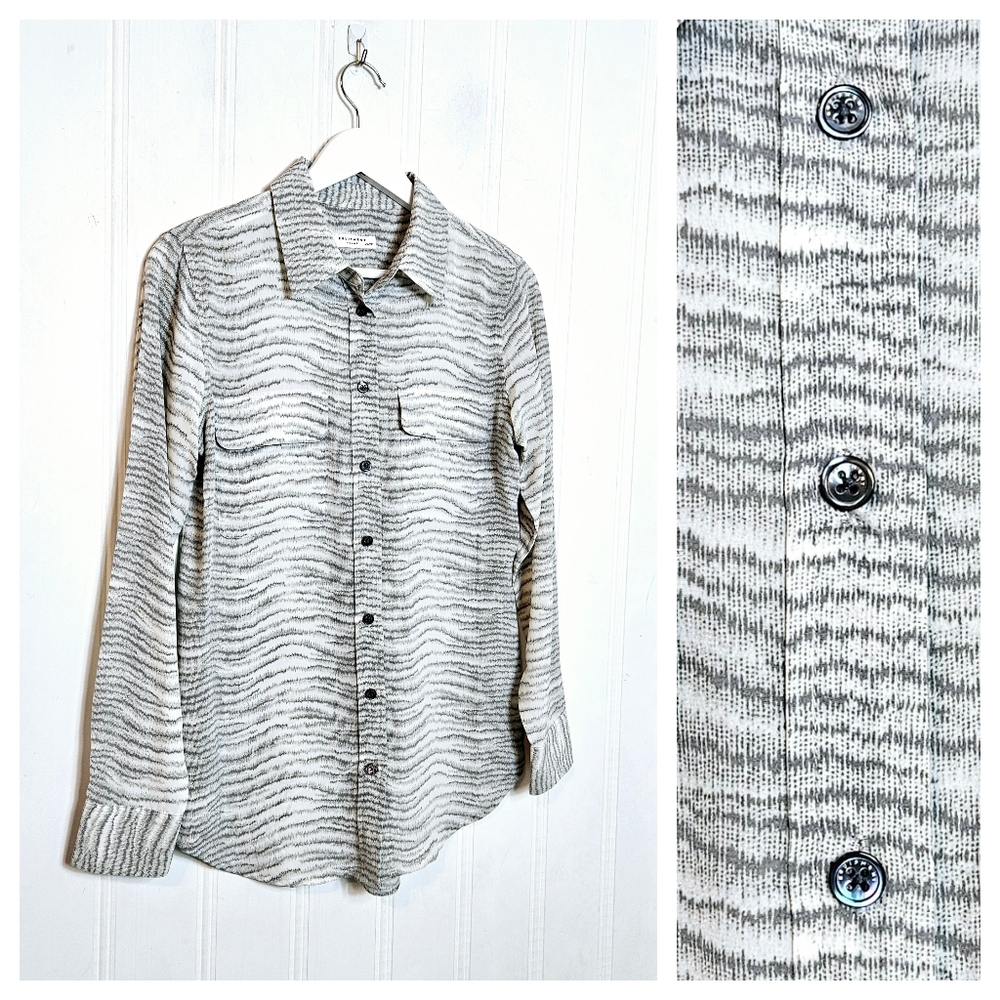 Equipment Femme Silk Blouse XS Reese Bengal Animal Print Button Down Gray White